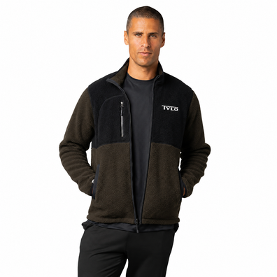Model wearing Carbon Green Warm Up Colorblock Fleece Jacket with white background
