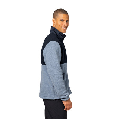 Model wearing Shadow Gray/NavyBlue Warm Up Colorblock Fleece Jacket with white background