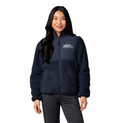 Model wearing Navy Blue Warm Up Colorblock Fleece Jacket with white background
