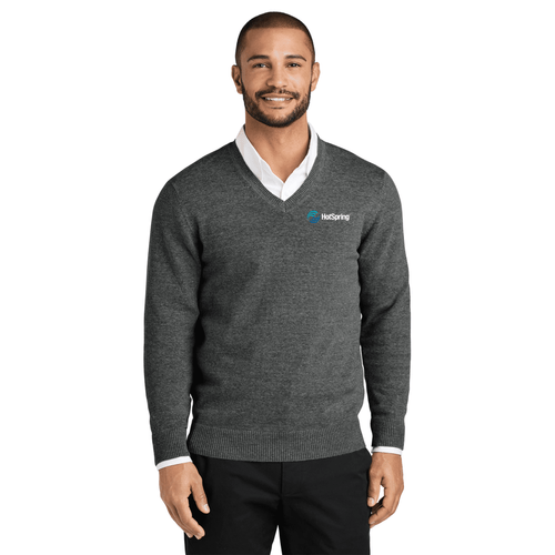 Model is wearing Port Authority® Easy Care V-Neck Sweater in Fusion Charcoal Heather color