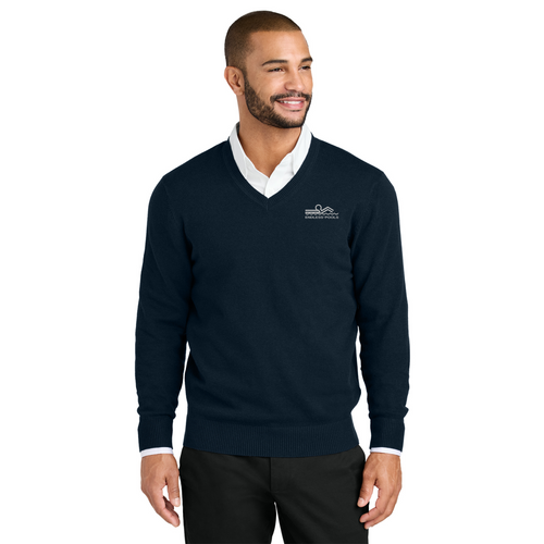 Model is wearing River Blue Navy Port Authority® Easy Care V Neck Sweater