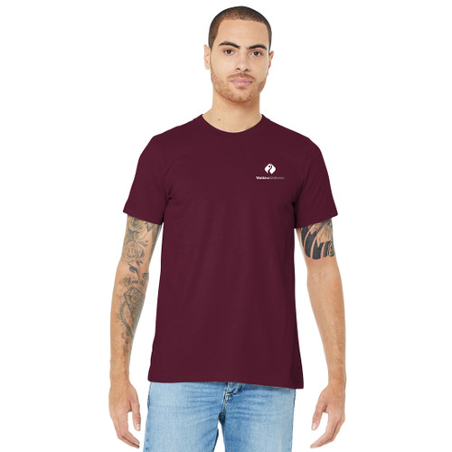 Model wearing is Maroon BELLA+CANVAS ® Unisex Jersey Short Sleeve Tee.