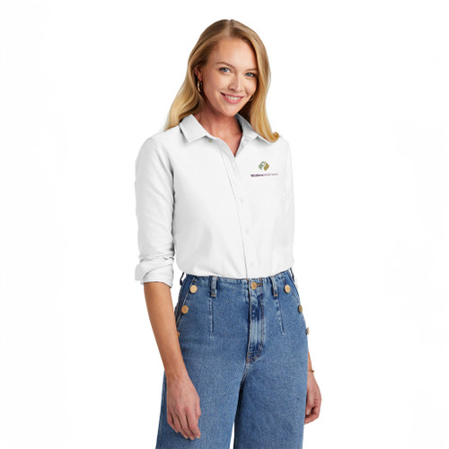 Model wearing White Brooks Brothers® Women’s Casual Oxford Cloth Shirt. Model wearing White Brooks Brothers® Women’s Casual Oxford Cloth Shirt.