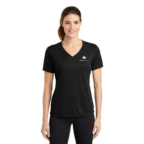 Model is wearing black Sport-Tek® Ladies PosiCharge® RacerMesh® V-Neck Tee Shirt.