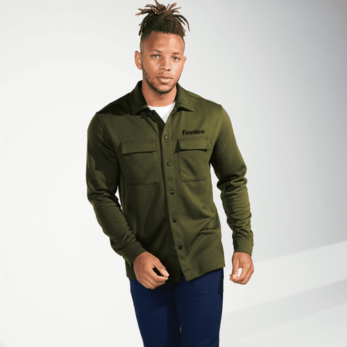 Mercer+Mettle Double-Knit Snap Front Jacket in townsend green on model front. 