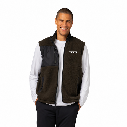 Model wearing Carbon Green Warm Up Colorblock Fleece Vest with white background