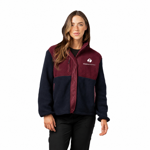 Model wearing Navy Blue/Merlot Red Warm Up Colorblock Fleece Vest with white background