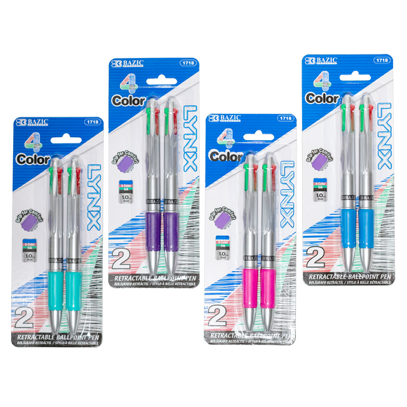 Lynx Retractable Four Color Ballpoint Pen with Cushion Grip - 4 packs of 2 pens