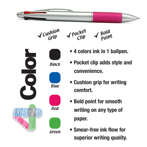 Lynx Retractable Four Color Ballpoint Pen with Cushion Grip - 4 packs of 2 pens Lynx Retractable Four Color Ballpoint Pen with Cushion Grip - 4 packs of 2 pens
