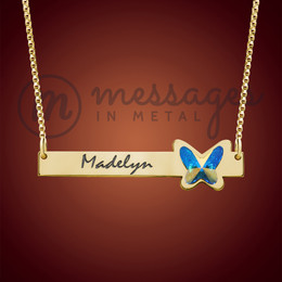 Honesty Gold Blue Butterfly Name Bar Necklace Honesty Gold Blue Butterfly Name Bar Necklace
