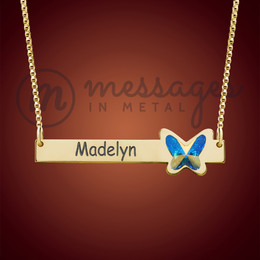 Loyalty Gold Blue Butterfly Name Bar Necklace Loyalty Gold Blue Butterfly Name Bar Necklace