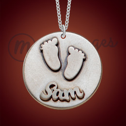 Baby Feet Round Antique Silver Name Necklace Baby Feet Round Antique Silver Name Necklace