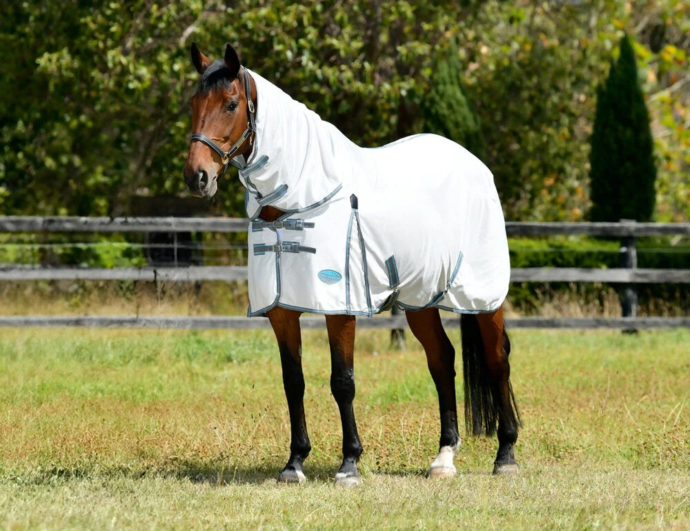 Weatherbeeta® ComFiTec™ Essential Mesh Fly Sheet Combo. White with Gray & Bright Blue Trim.