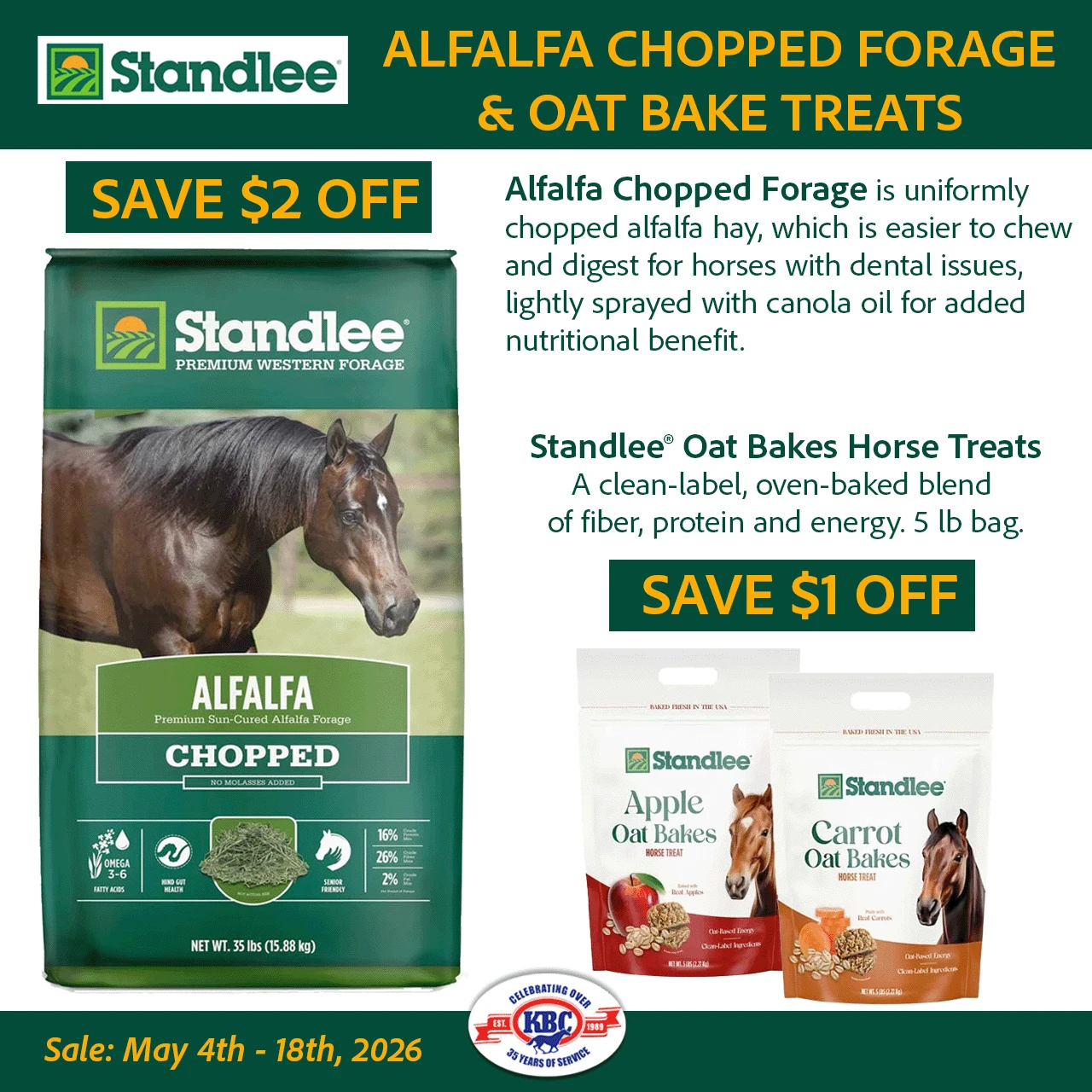 Standlee Chopped Alfalfa Bags $2 off & Oat Baked Treats $1. Valid 5/4 thru 5/18/26.