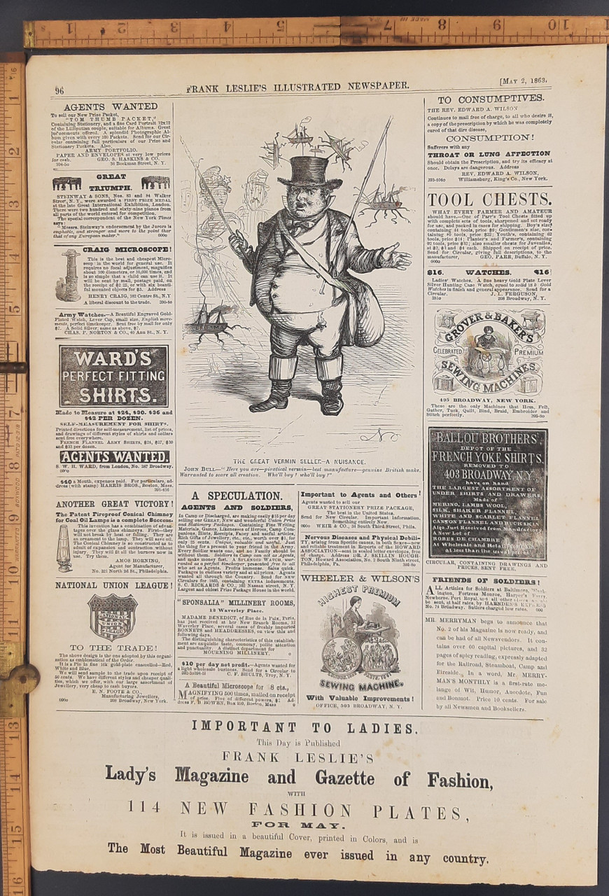 John Bull Political Cartoon, the Great Vermin seller. Antique Ads: Ballou  Brothers' French Yoke, Consumption, Craig Microscope and Wheeler and