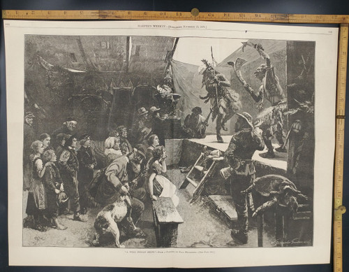 A Wild Indian Show from a painting by Paul Meyerheim. Native Americans and children and a dog. Original Antique Engraving AKA Print 1876.