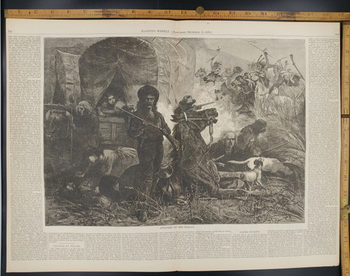 "Attacked By Indians", Wagon Train, Pioneers, Settlers, Native Americans and dogs. Original Antique Engraving AKA Print 1876.