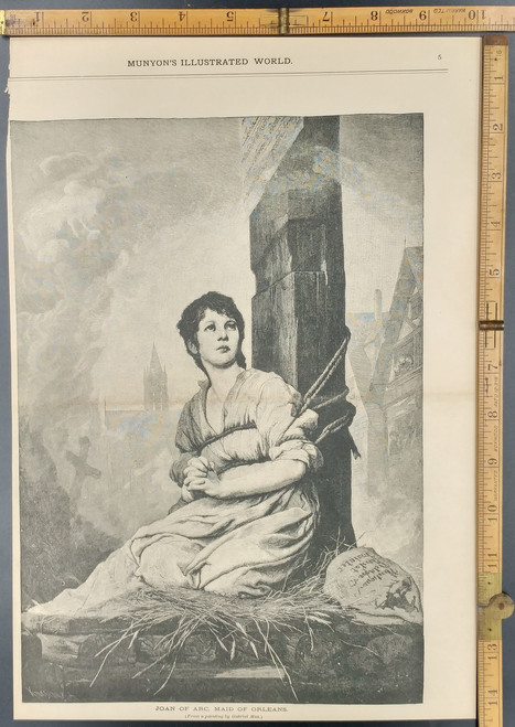 Joan of Arc, Maid of Orleans about to be burned at the stake. From a painting by Gabriel Max. Original Antique Engraving AKA Print.