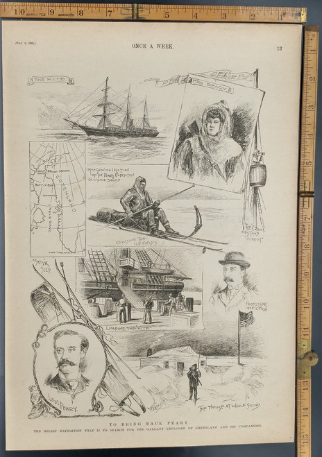 Relief expedition to bring back Robert  Peary 1892. House at Whale Sound, Loading of the Kite, and Professor Heilprin. Original Antique Engraving AKA Print.