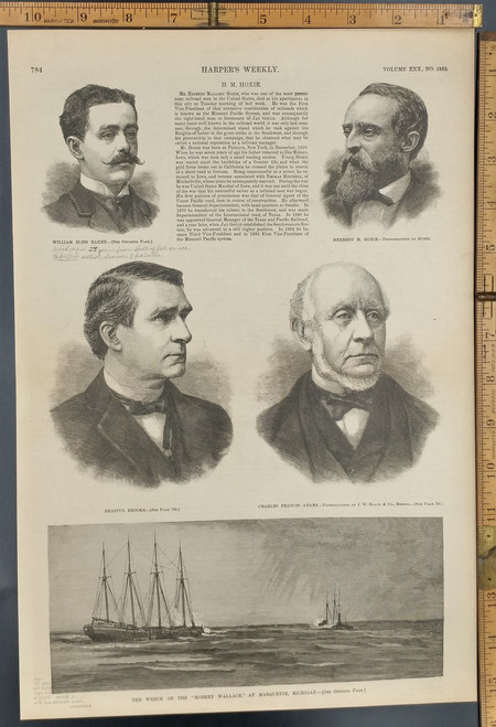 Wreck of the "Robert Wallace," at Marquette Michigan. William Bliss Baker, Herbert M. Hoxie, Erastus Brooks and  Charles Francis Adams. Original Antique Engraving AKA Print from 1886.