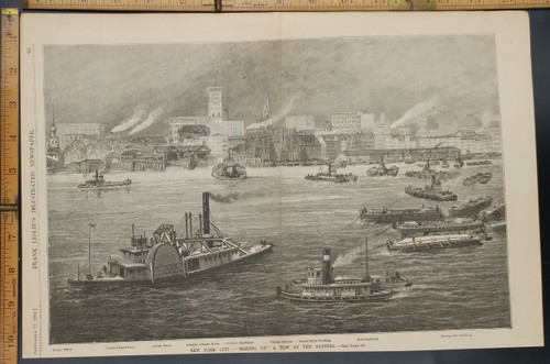 New York City in 1884. Barge Office, Staten Island Ferry, South Ferry, Atlantic Avenue Ferry, Trinity Church and the Evening Post Building.  Original Antique Engraving AKA Print from 1884.