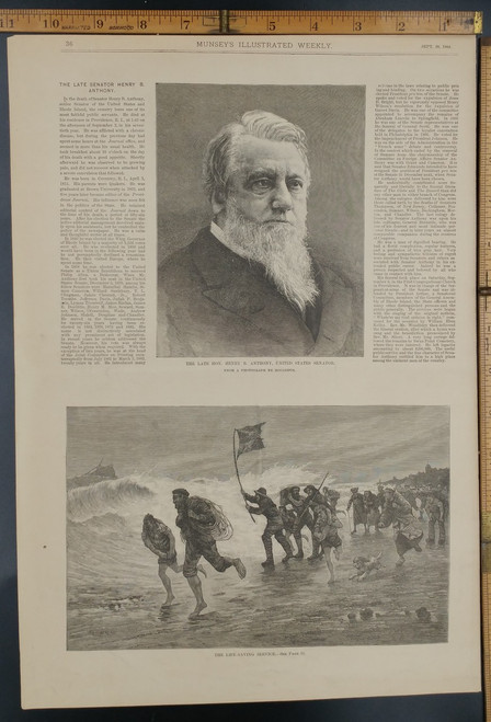 Life Saving Service for wrecked Ship. The late Senator Henry B. Anthony. Antique Engraving AKA Print from 1884.