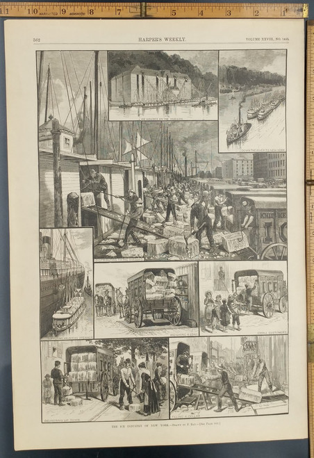 The Ice Industry of New York in 1884 as drawn by F. Ray.  Ice Delivery, Kids,  Ocean Steamer,  Distribution and an Ice House on the Hudson. Antique Engraving AKA Print from 1884.