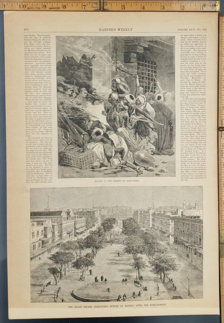 The Grand Square, Alexandria, Burned by Rioters after the Bombardment. Rioting in the streets. Antique Engraving AKA Print from 1880's.