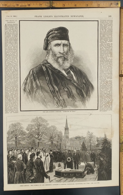 The Death of Giuseppe Garibaldi, "Liberator of Italy." Funeral of Lord Frederick Cavendish in Edensor Churchyard, Chatsworth. Antique Engraving AKA Print from 1882.