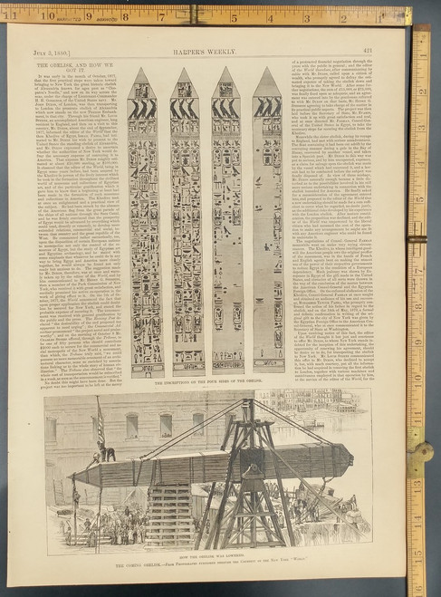 The Obelisk (Washington Monument) and how we got it. Egyptian hieroglyphics. Original Antique Engraving AKA Print from 1880.