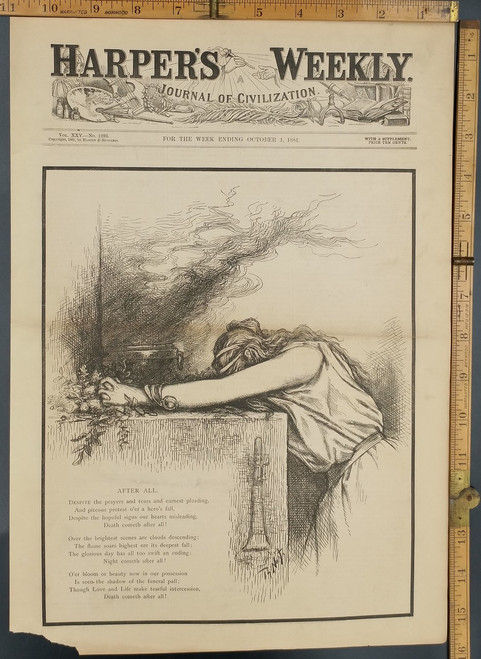 Thomas Nast, Political Cartoon, Miss Columbia, Mourning. Poem, After All. Original Antique Engraving AKA Print from 1881.