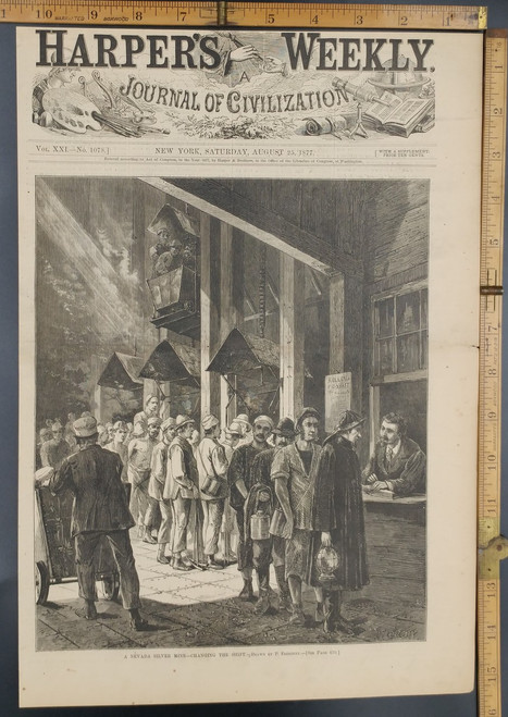 A Nevada Silver Mine at change of shift. Original Antique Engraving AKA Print from 1877.