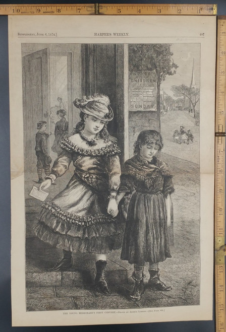 The Young Missionary's First Convert by Arthur Lumley. A pretty young lady with her friend at the doorway to Sunday School.Original Antique Engraving AKA Print from 1874.