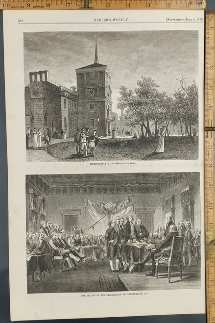 Independence Hall and the signing of the Declaration of Independence. Original Antique Engraving AKA Print from 1876.