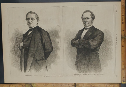 Democratic candidates for President and Vice-President Samuel J. Tilden and Thomas A. Hendricks. Antique Engraving AKA Print from 1876.