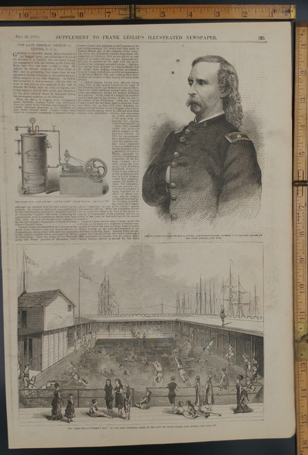 Rare Article on the death of Major-General George A. Custer, Lieutenant-Colonel Seventh U.S. Cavalry, killed by the Sioux Indians. NYC Women's free swimming day at the pool. Antique Engraving AKA Print from 1876.