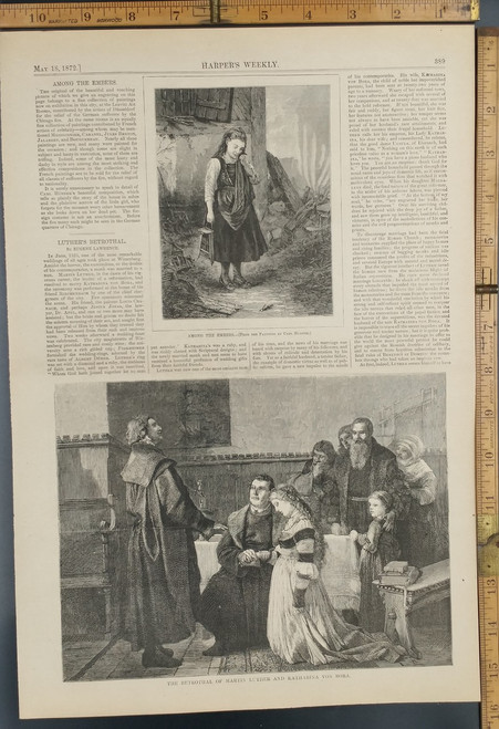 The Bethrothal of Martin Luther and Katharina, Von Bora. Among the embers from a painting by Carl Hubner. Original Antique Engraving AKA Print from 1872.