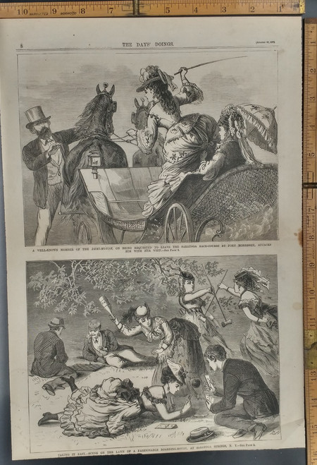 Member of the Demi-Monde attacking John Morrissey with a whip. Taking it easy on the lawn of a fashionable boarding-house, at Saratoga Springs, New York. Original Antique Engraving AKA Print from 1872.