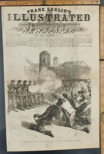 Summary Execution by Shooting (Firing Squad), of eight young medical students by the Spanish volunteers in Havana Cuba. Original Antique Engraving AKA Print from 1871.