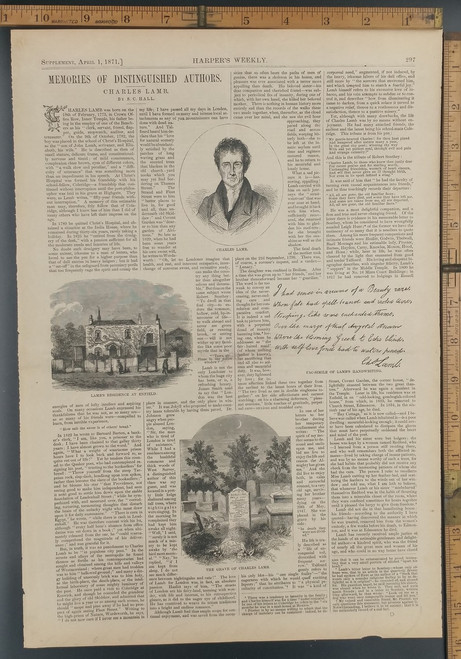 Memories of Distinguished Author Charles Lamb by S.C. Hall. Residence at Enfield, his grave and portrait. Original Antique Engraving AKA Print from 1871.