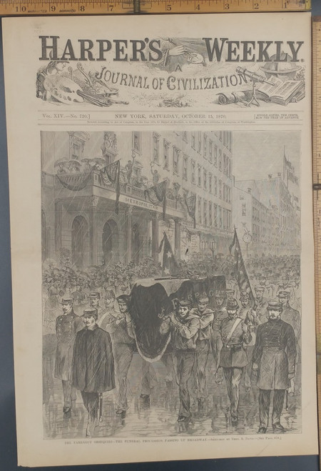 Farragut Obsequies by Theo R. Davis. Funeral Procession Passing Up Broadway. Original Antique Engraving AKA Print from 1870.