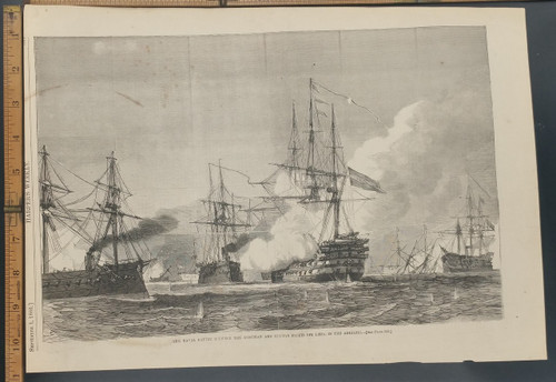 Naval Battle between the Austrian and Italian Fleets off Lissa in the Adriatic Sea. Original Antique Engraving AKA Print from 1866.