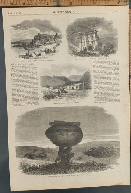 Views on the Kansas Pacific Railroad - Pulpit Rock on Alum Creek. Spring Creek and cave on Mulberry Creek. Original Antique Engraving AKA Print from 1867.