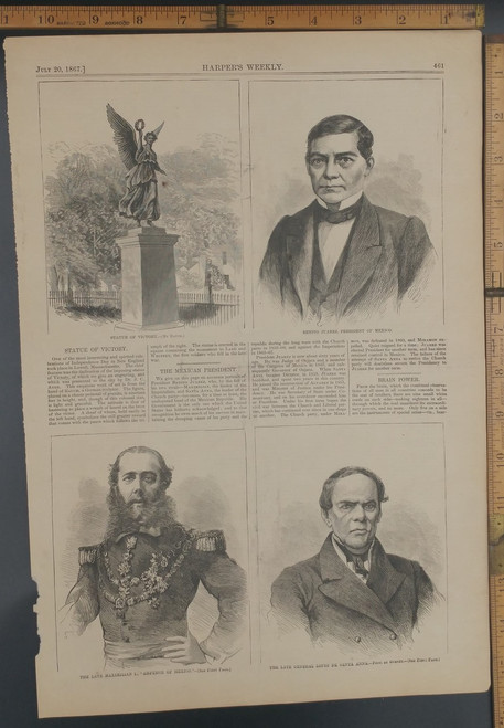 Statue of Victory in Lowell Mass. Benito Juarez, President of Mexico. The Late Maximilian and General Santa Anna. Original Antique Engraving AKA Print from 1867.