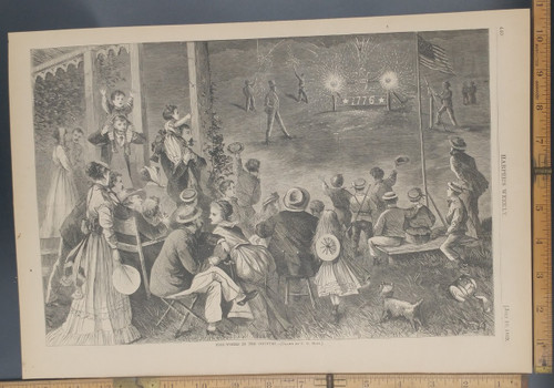 Fire Works in the Country as drawn by C. G. Bush. Children and families gathered to watch 4th of July entertainment. Original Antique Engraving AKA Print from 1869.