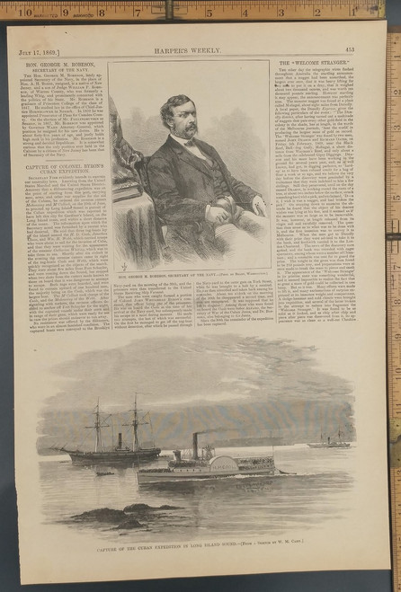 Capture of the Cuban Expedition in Long Island Sound. Hon. George M. Robeson, Secretary of the Navy. Original Antique Engraving AKA Print from 1869.