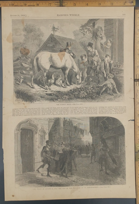Massacre of Bartholomew. The Family Relic  by JC Beard: a family and horse. Original Antique Engraving AKA Print from 1869.