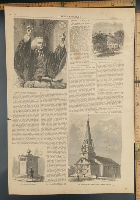 Old South Church, Newburyport, Massachusetts. Rev. George Whitefield. Whitefield's Monument. Original Antique Engraving AKA Print from 1869.