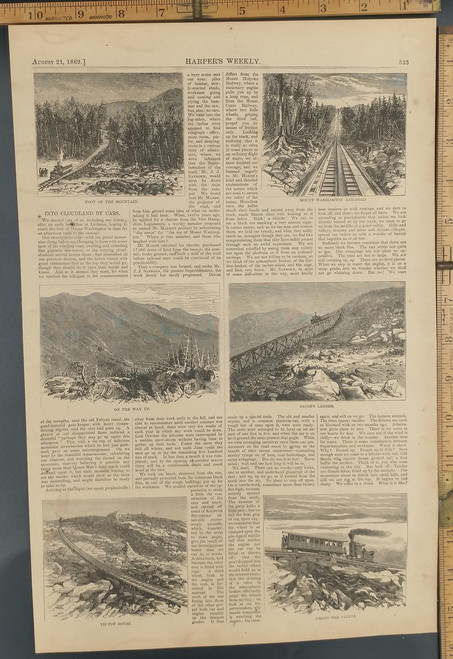 Mount Washington Railroad New Hampshire. Cog Railway. Tip Top House. Among the clouds. Original Antique Engraving AKA Print from 1869.