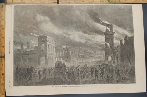 The burning of Columbia, South Carolina Sketched by W Waud. . Original Antique Civil War Engraving AKA Print from 1865.